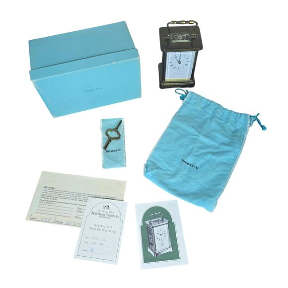 Tiffany & Co. 11 Jewels Matthew Norman Swiss Brass Carriage Clock with Key + Box - Picture 1 of 9